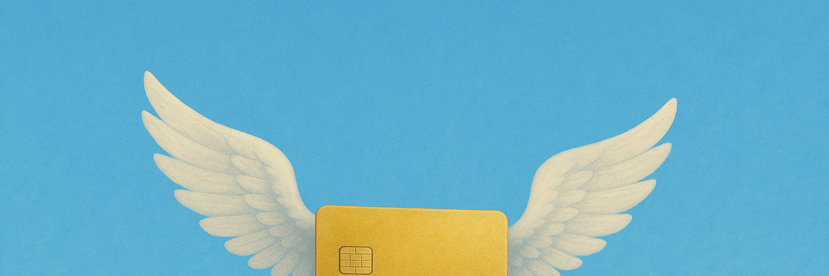 A gold credit card with wings in blue sky.