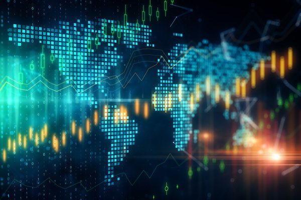 A digital world map with superimposed rising stocks.