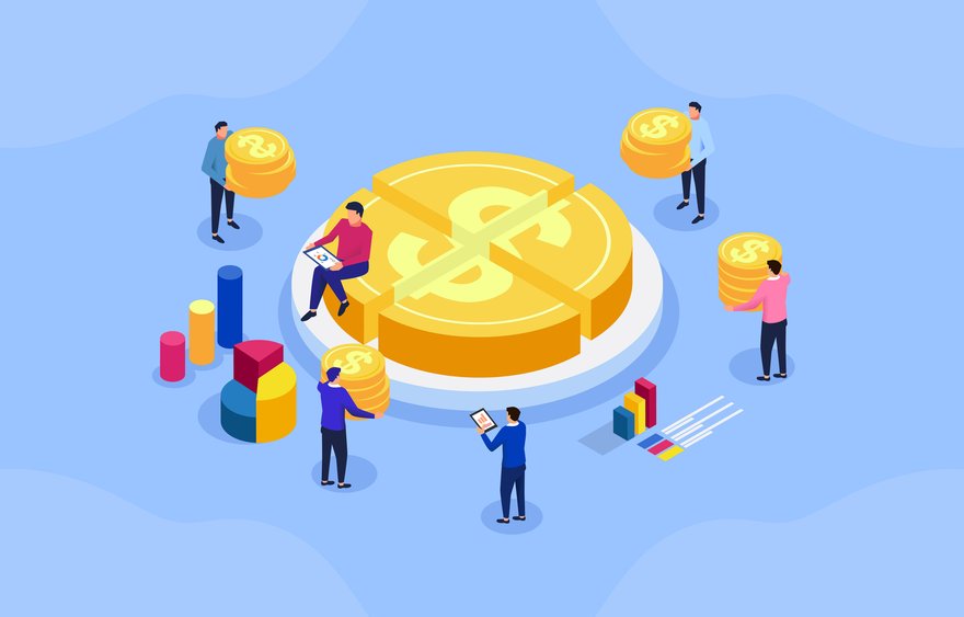 Cartoon people all taking slices of a pie-shaped gold coin